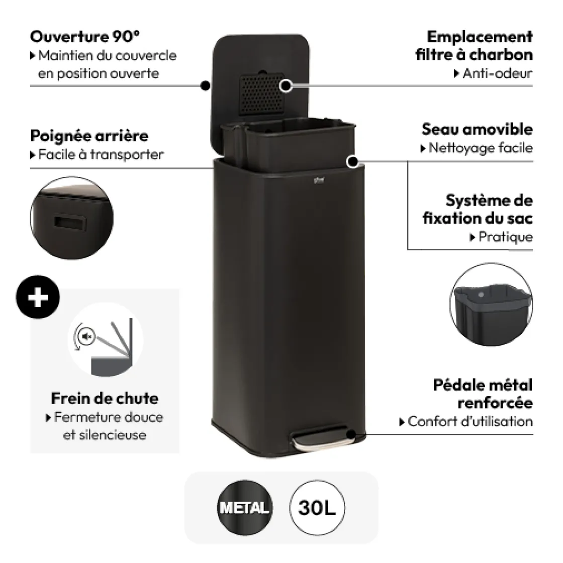 5five Poubelle métal 30L, Noir