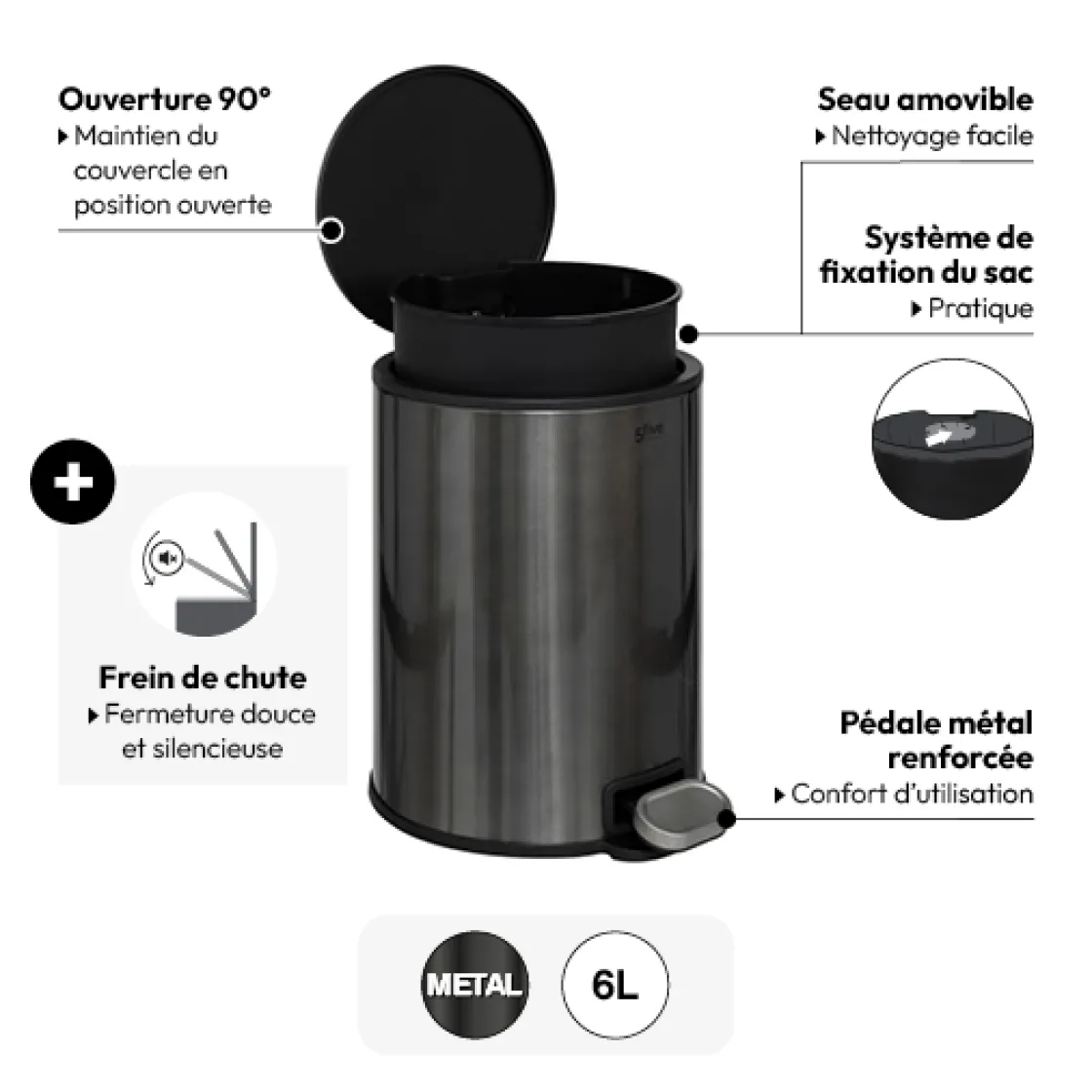 5five Poubelle métal 6L, Noir