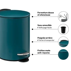 5five Poubelle métal Soft Close 3L, Bleu pétrole