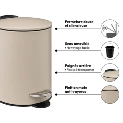 5five Poubelle métal Soft Close 3L, Beige naturel