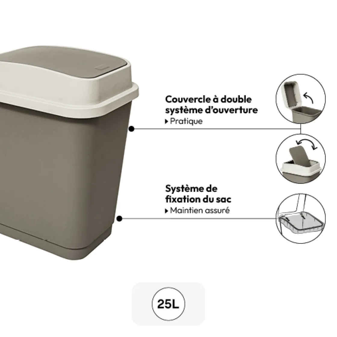 5five Poubelle plastique 25L, Taupe