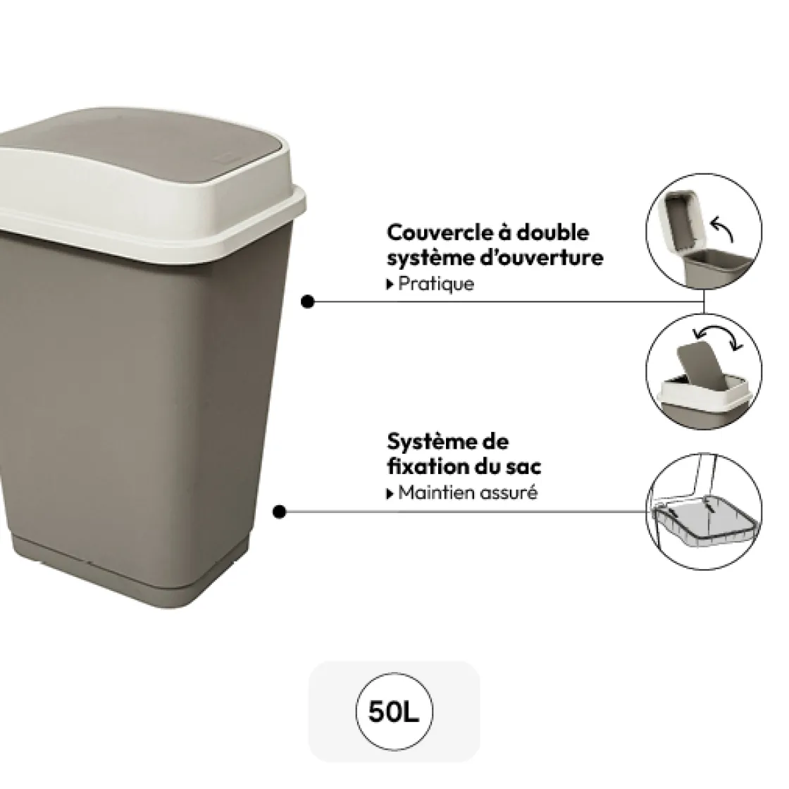 5five Poubelle plastique 50L, Taupe