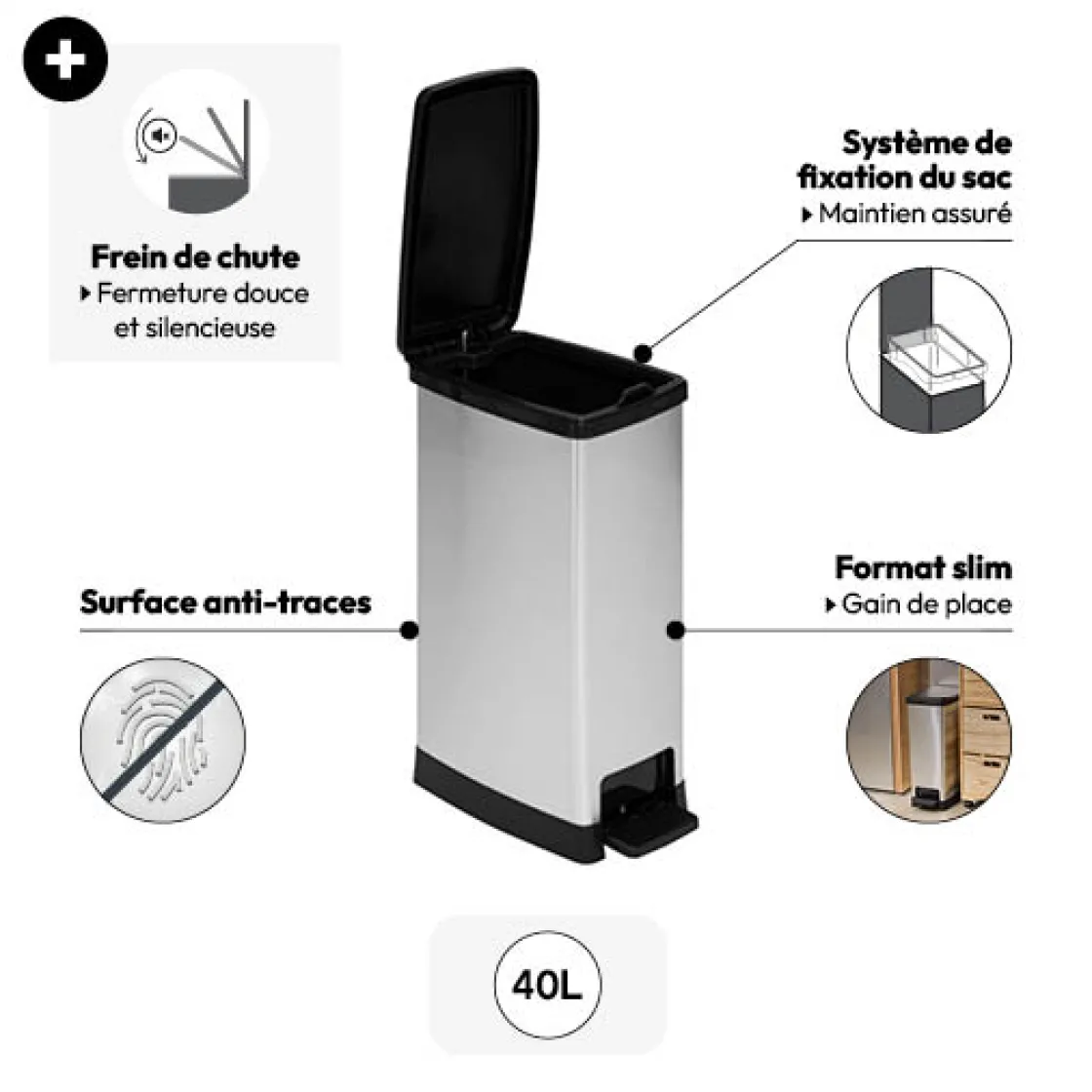 5five Poubelle plastique slim 40L, Gris