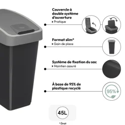 5five Poubelle rectangulaire à 2 ouvertures plastique 45L, Gris