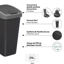 5five Poubelle rectangulaire à 2 ouvertures plastique 25L, Gris
