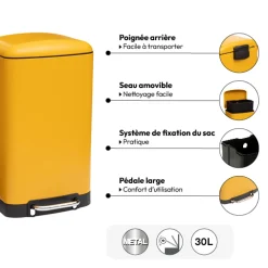 5five Poubelle rectangulaire à pédale métal 30L, Jaune