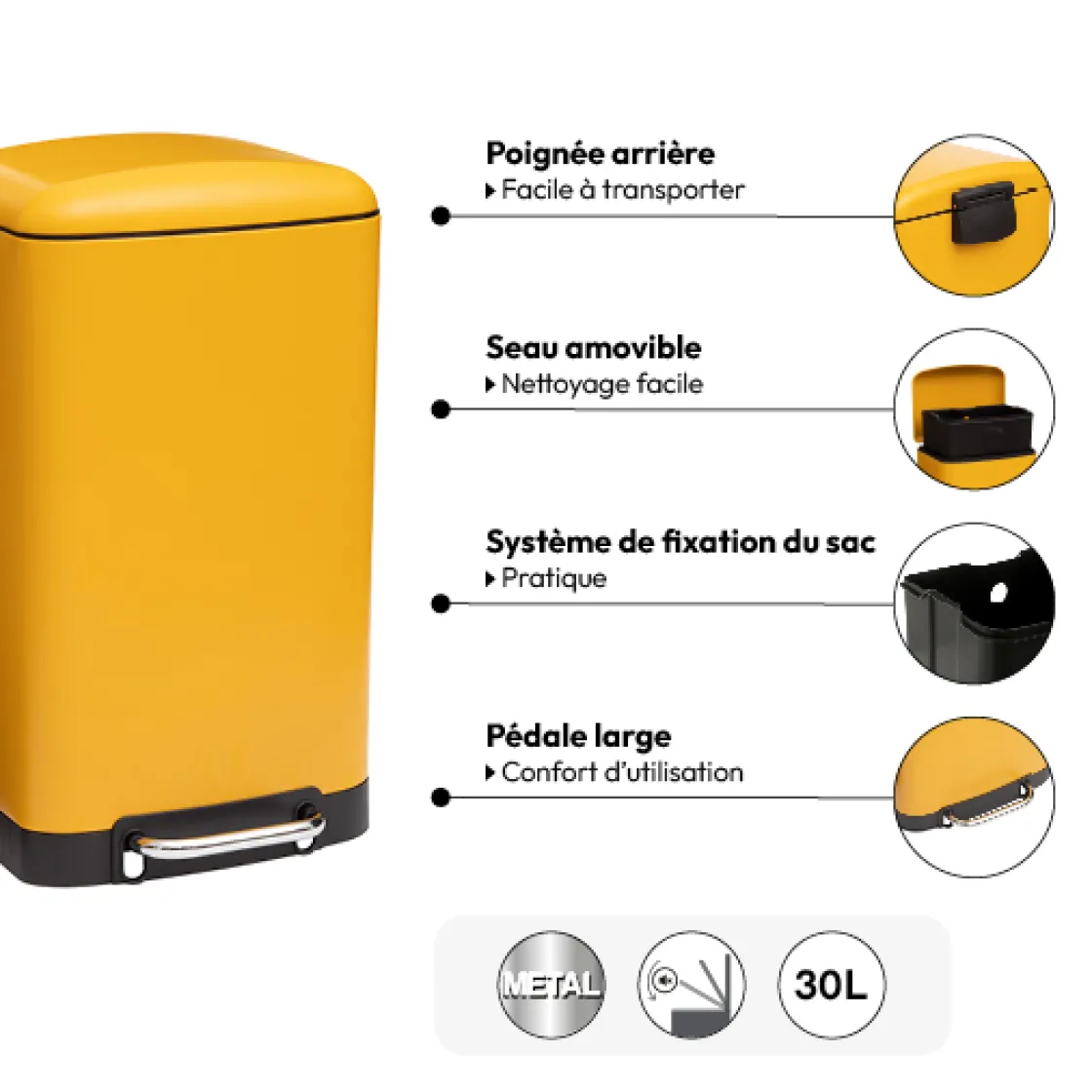 5five Poubelle rectangulaire à pédale métal 30L, Jaune