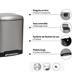5five Poubelle rectangulaire à pédale métal 6L, Inox