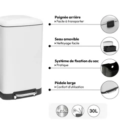 5five Poubelle rectangulaire à pédale métal 30L, Blanc
