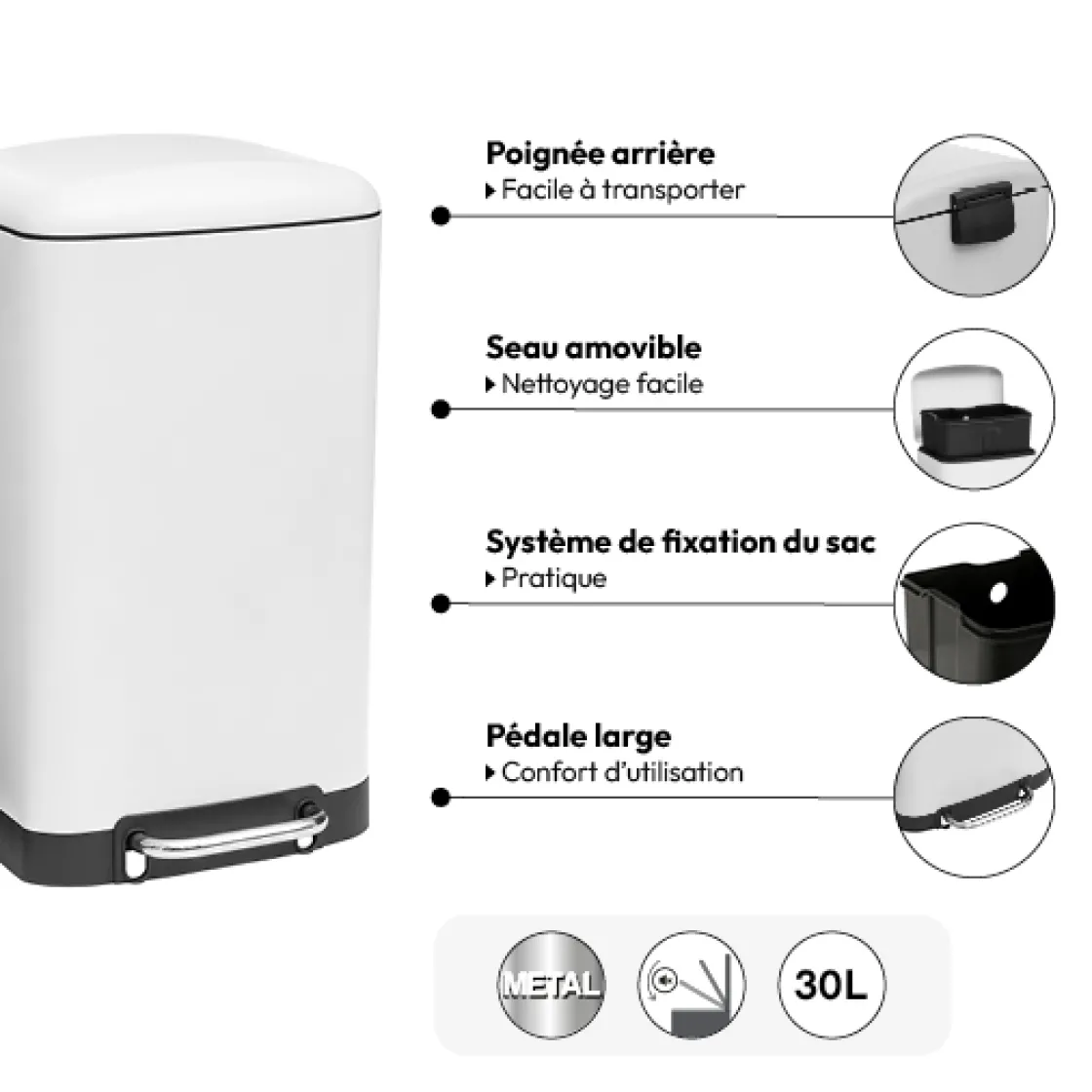 5five Poubelle rectangulaire à pédale métal 30L, Blanc