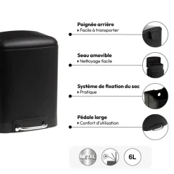 5five Poubelle rectangulaire à pédale métal 6L, Noir
