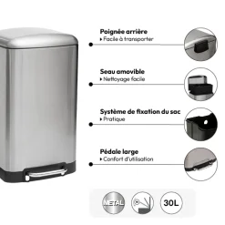 5five Poubelle rectangulaire à pédale métal 30L, Inox