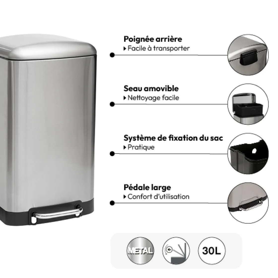 5five Poubelle rectangulaire à pédale métal 30L, Inox