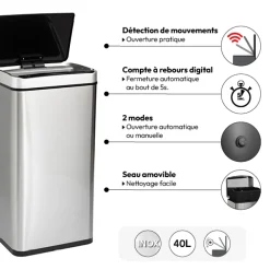 5five Poubelle rectangulaire automatique 40L, Inox