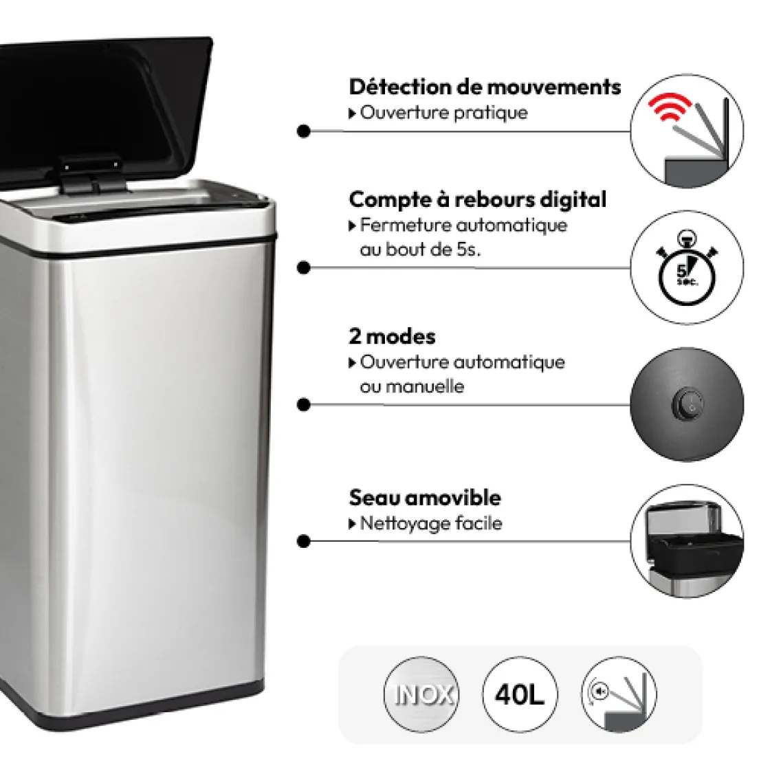 5five Poubelle rectangulaire automatique 40L, Inox