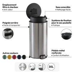 5five Poubelle ronde à pédale métal 30L, Inox