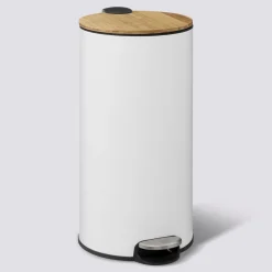 5five Poubelle ronde avec couvercle bambou 30L, Blanc
