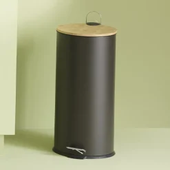 5five Poubelle ronde avec couvercle bambou 30L, Blanc