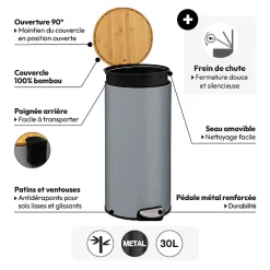 5five Poubelle ronde avec couvercle bambou 30L, Gris