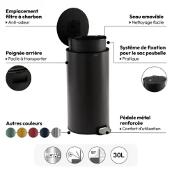 5five Poubelle ronde en métal 30L, Gris charbon