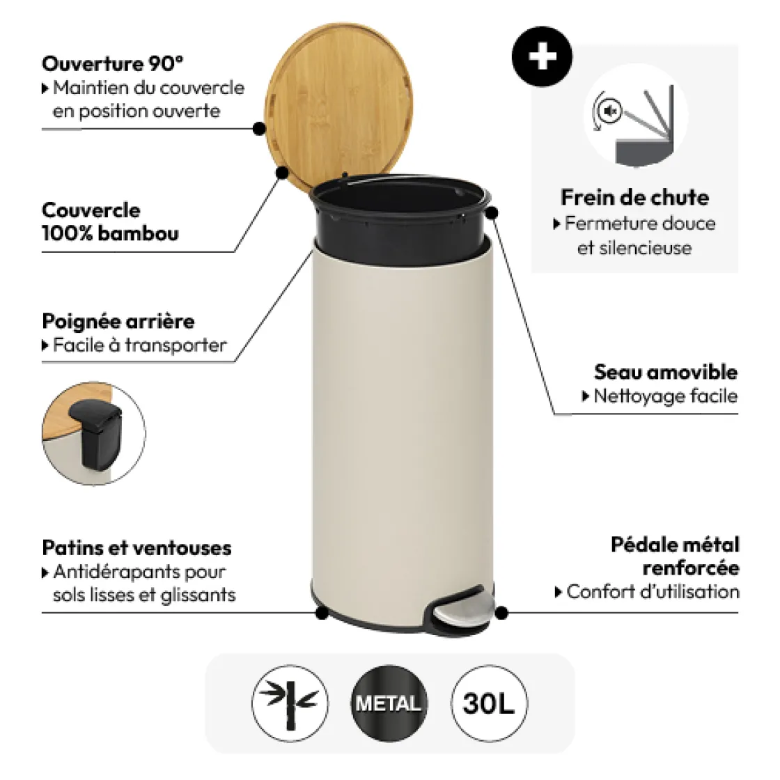 5five Poubelle ronde Soft Close couvercle bambou 30L, Lin