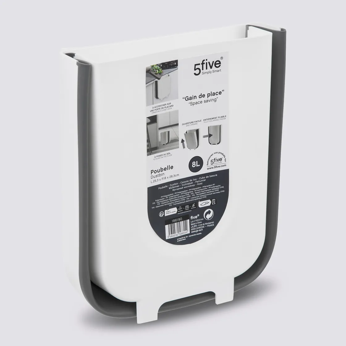 5five Poubelle rétractable de porte 8L, Noir & Blanc