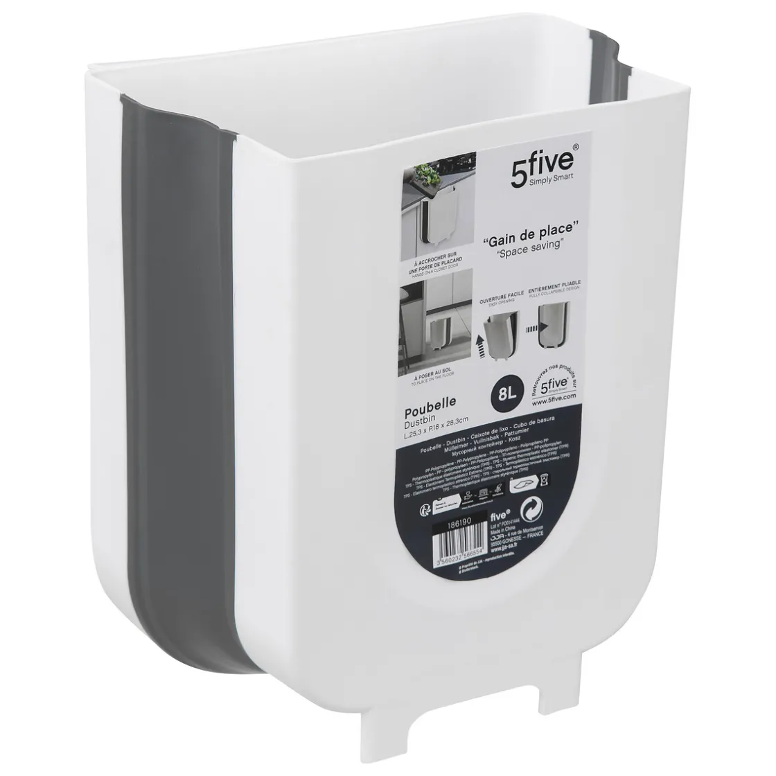 5five Poubelle rétractable de porte 8L, Noir & Blanc