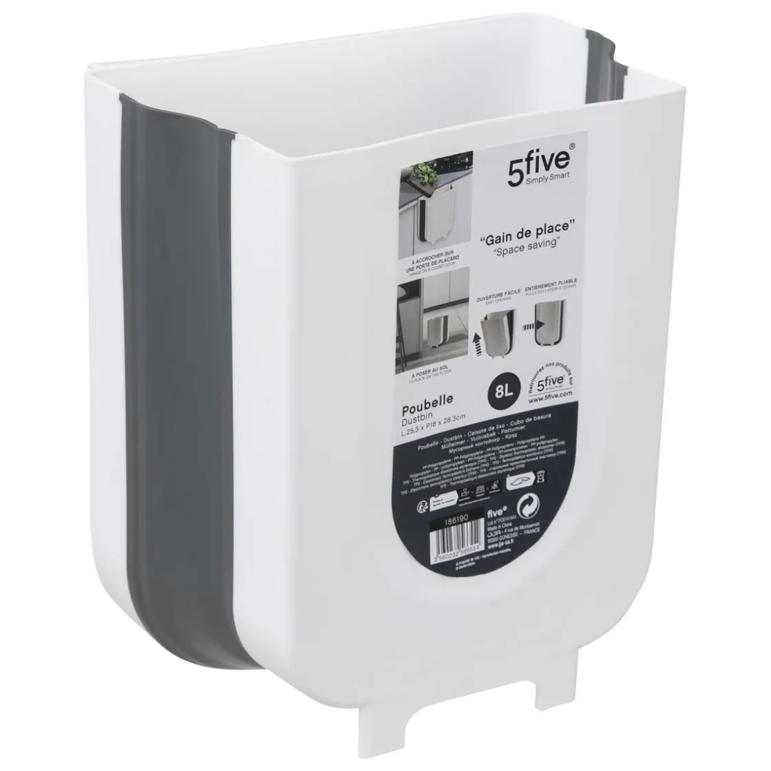 5five Poubelle rétractable de porte 8L, Noir & Blanc