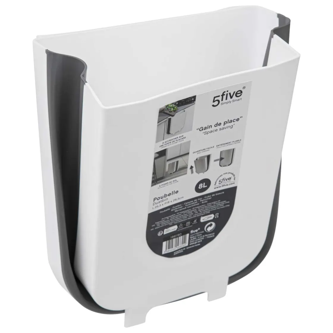 5five Poubelle rétractable de porte 8L, Noir & Blanc