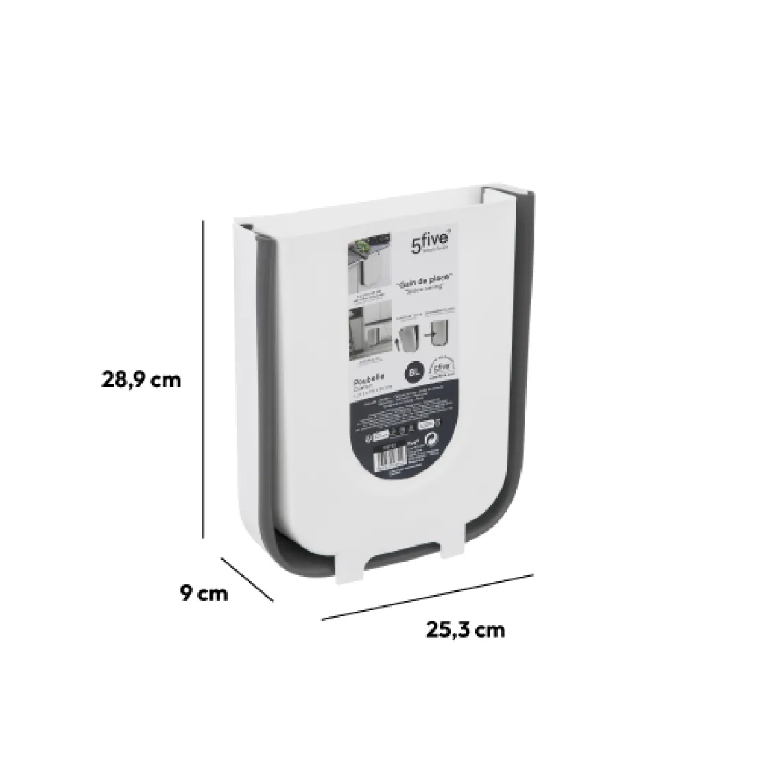 5five Poubelle rétractable de porte 8L, Noir & Blanc