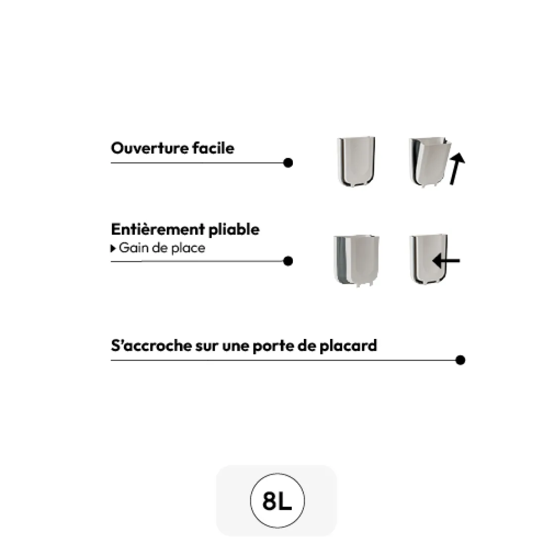 5five Poubelle rétractable de porte 8L, Noir & Blanc