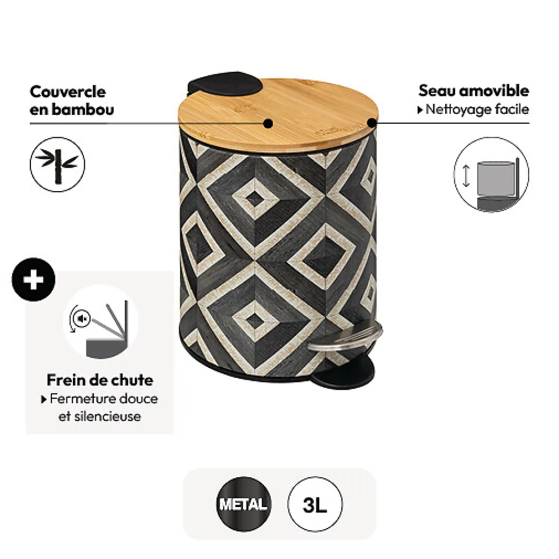 5five Poubelle soft close 3L, Noir et beige