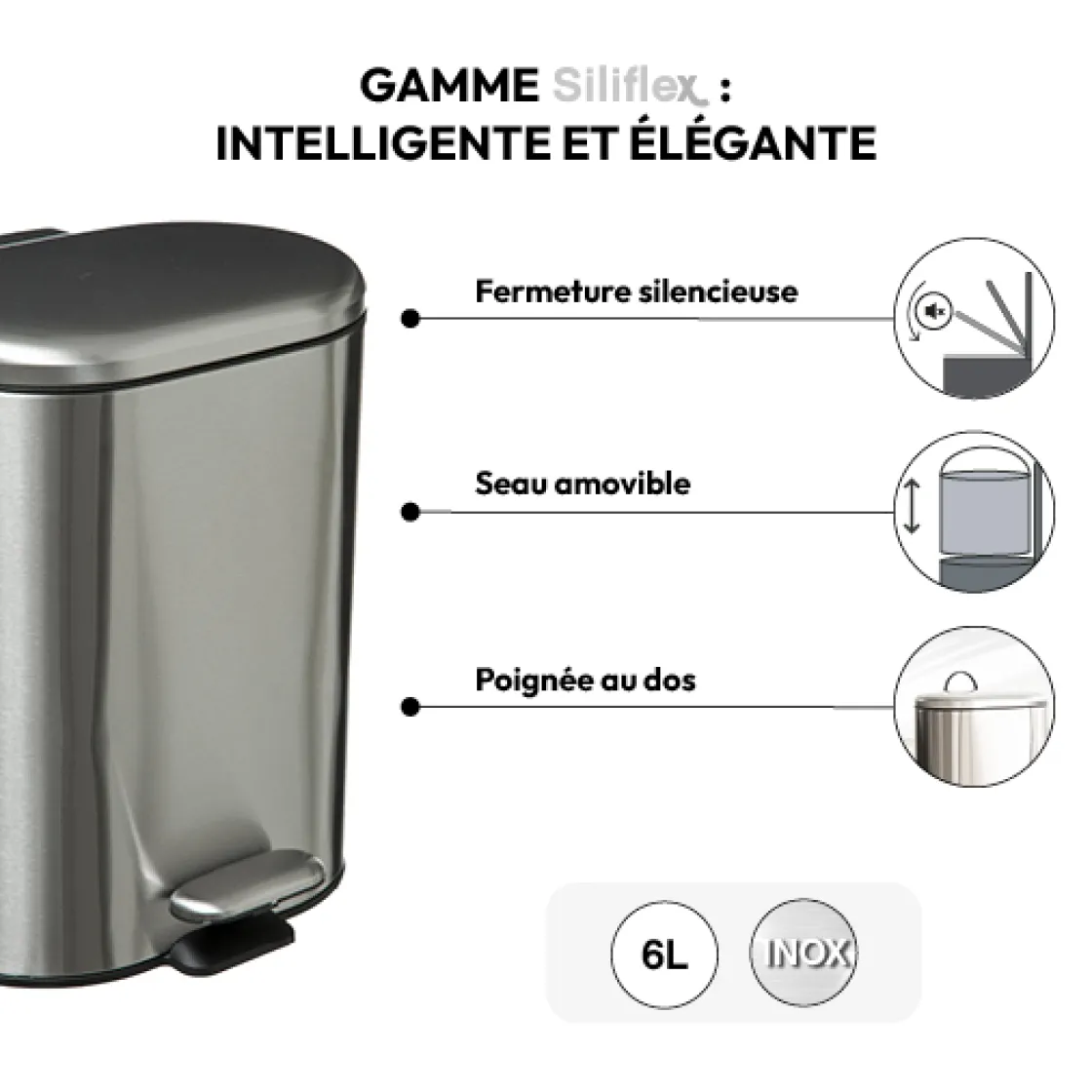 5five Poubelle Soft close métal 6L, Inox