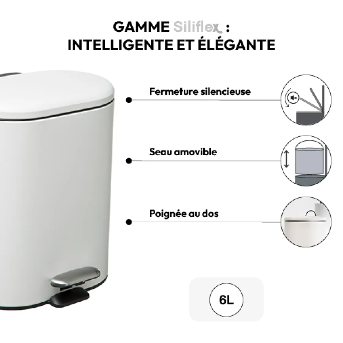 5five Poubelle Soft close métal 6L, Blanc