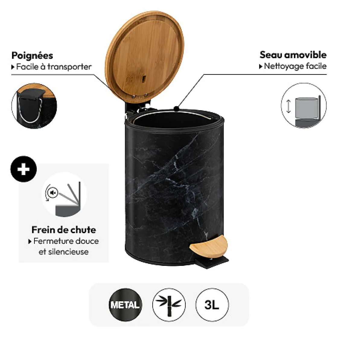 5five Poubelle Soft close métal 3L, Noir