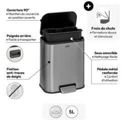 5five Poubelle Soft Close métal 5L, Argent