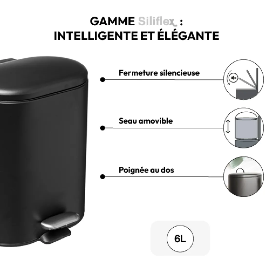 5five Poubelle Soft close métal 6L, Noir