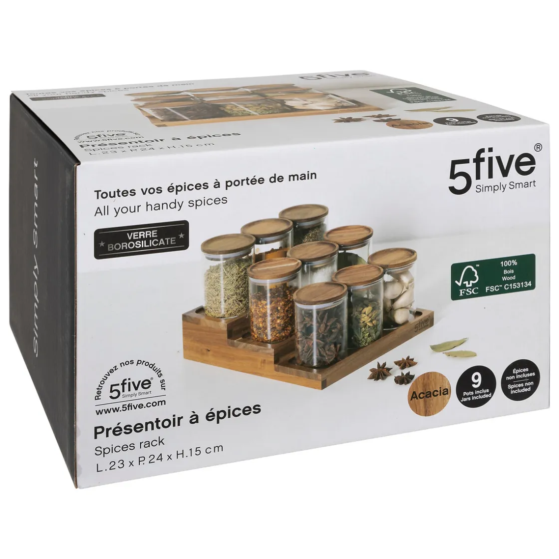 5five Présentoir à épices avec lot de 9 bocaux, Acacia