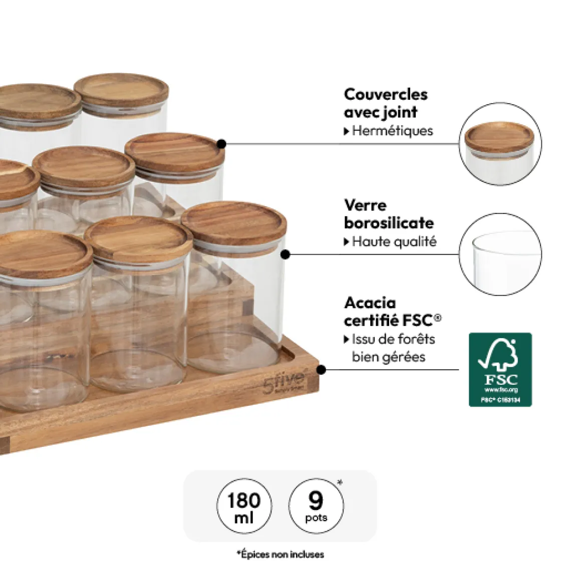 5five Présentoir à épices avec lot de 9 bocaux, Acacia
