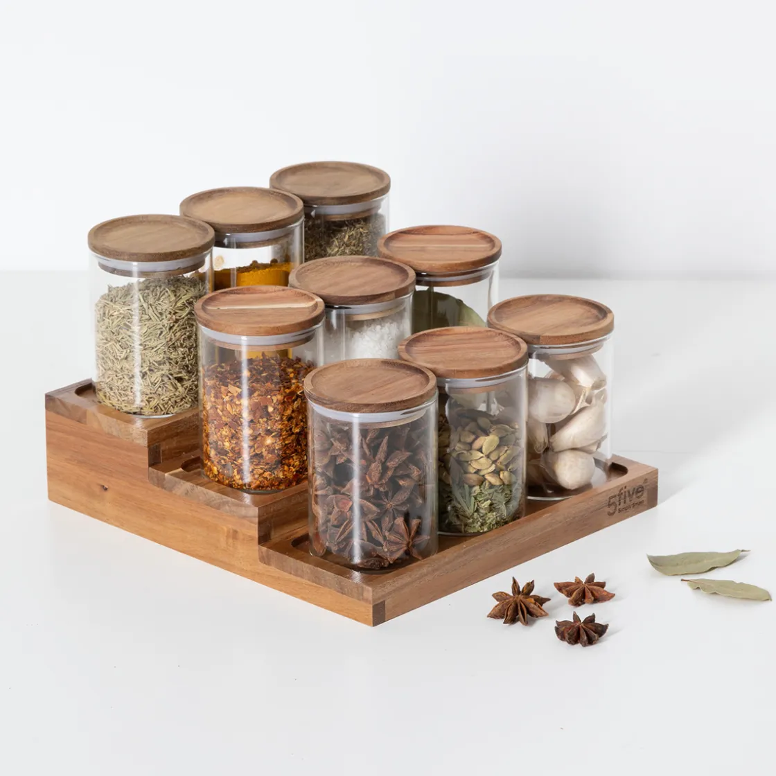 5five Présentoir à épices avec lot de 9 bocaux, Acacia