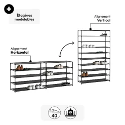 5five Range-chaussures 10 niveaux, Tissu noir