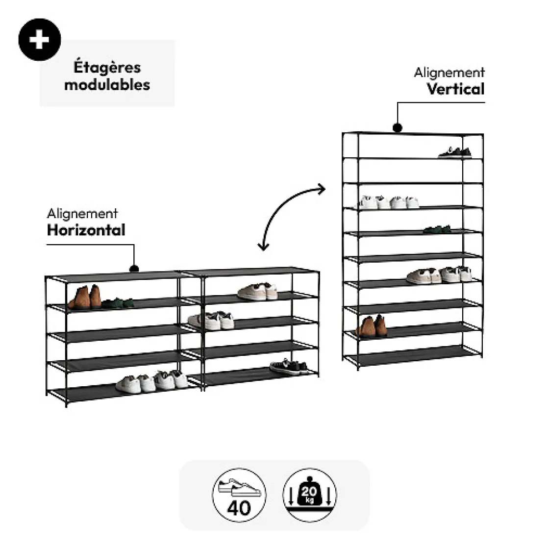 5five Range-chaussures 10 niveaux, Tissu noir