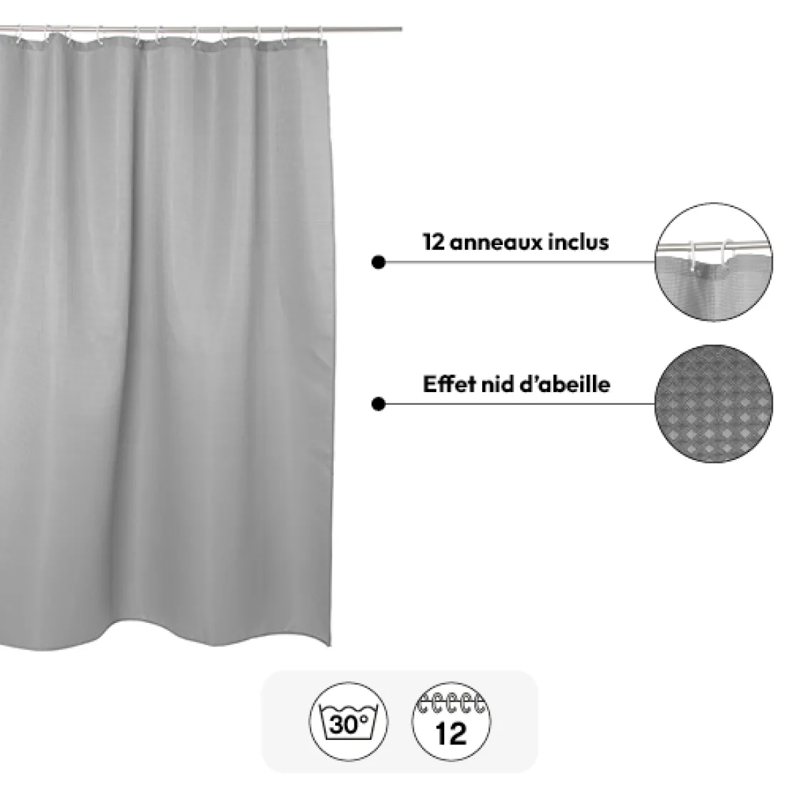 5five Rideau de douche 180x200cm, Gris