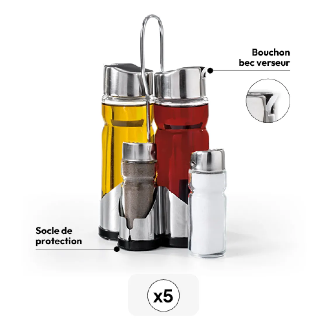 5five Set huile/vinaigre/poivre/sel, verre