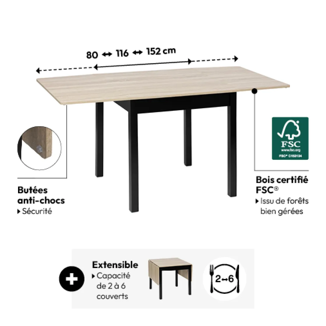 5five Table extensible 2 à 6 personnes