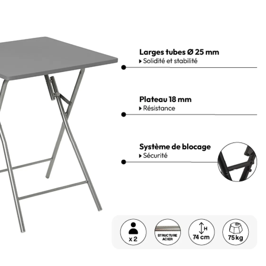 5five Table pliante 2 places, Gris