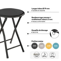 5five Tabouret pliant, Velours Noir