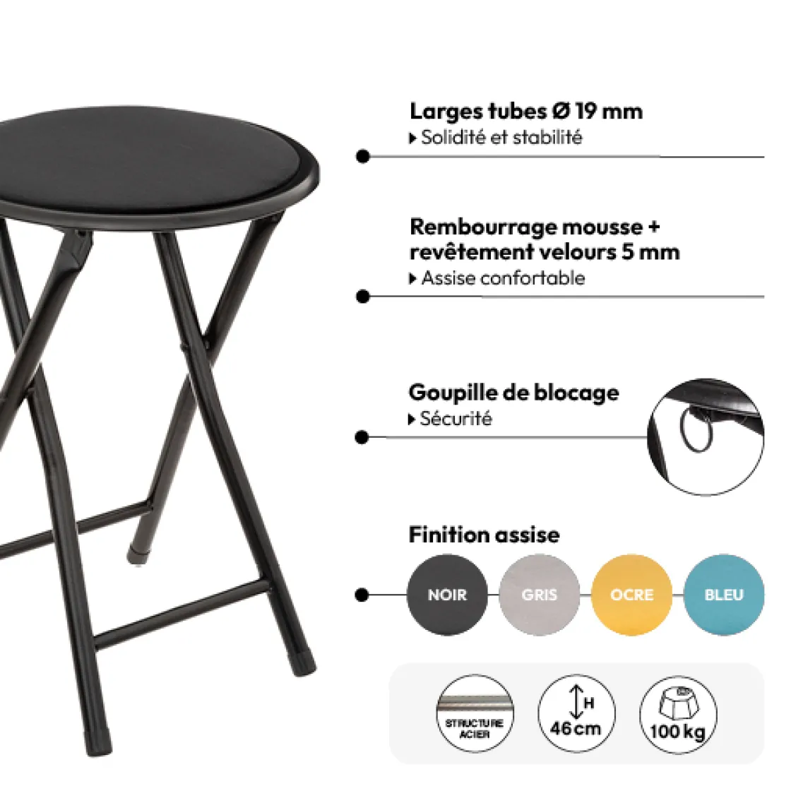 5five Tabouret pliant, Velours Noir