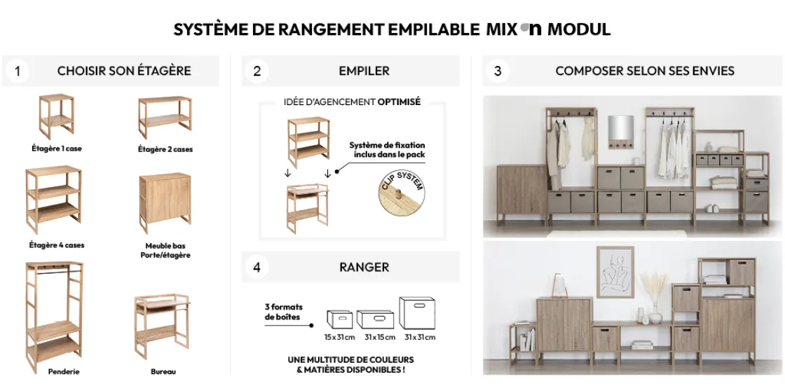 5five Étagère 4 cases empilables, Effet chêne naturel