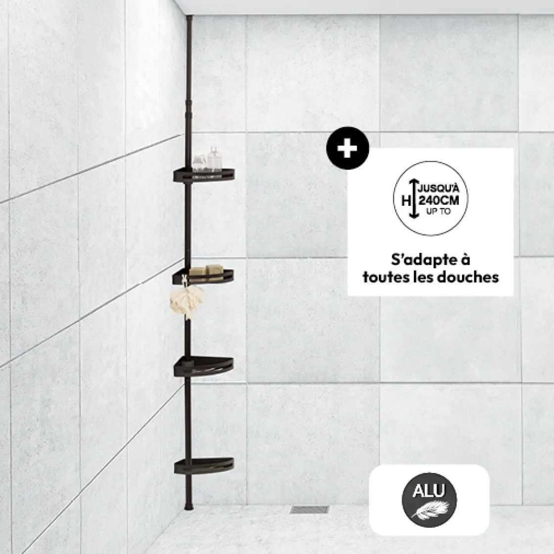 5five Étagère de douche télescopique rectangle, Noir